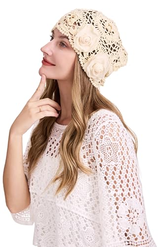 ZLYC Women Cotton Crochet Slouchy Beanie Hat Handmade Knit Summer Skull Cap | Lightweight breathable,boho casual chic look,travel photos festival party,café commute daily wear,beach concert gathering - color: Decorative Flowers Beige