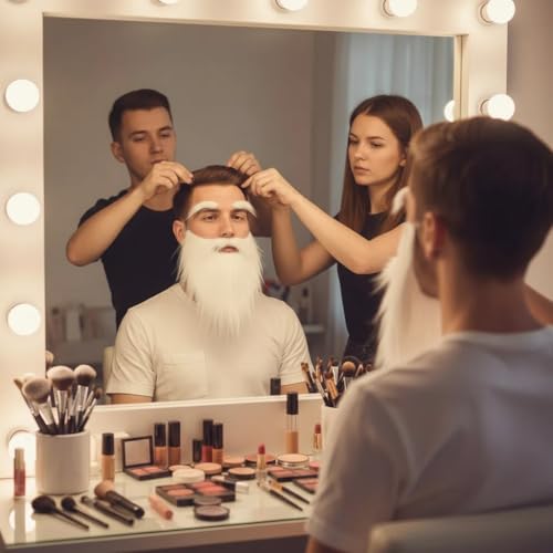 White Fluffy Fake Beard and Eyebrows Set - Realistic Santa Beard and Facial Hair Costume Accessory for Christmas Parties, Theater, and Cosplay