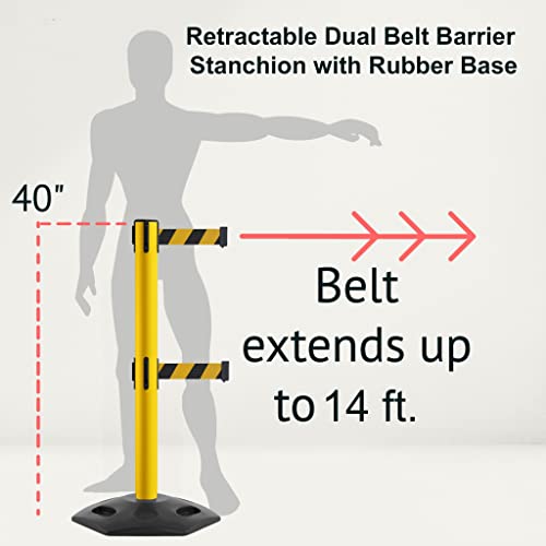 MSR650D Set of 2 Retractable Belt Barrier Stanchion, Heavy-Duty Rubber Base, Yellow Steel Post (14 ft Yellow Belt) - color: Yellow, size: Yellow Steel