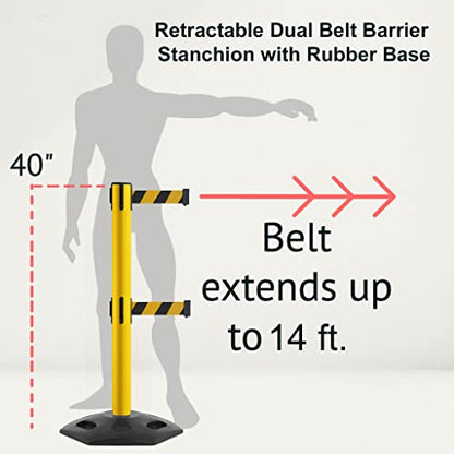 MSR650D Set of 2 Retractable Belt Barrier Stanchion, Heavy-Duty Rubber Base, Yellow Steel Post (14 ft Black and Yellow Diagonal Belt) - color: Black and Yellow Diagonal, size: Yellow Steel