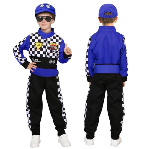 Latocos Kids Race Car Driver Costume Boys Girls Racer Jumpsuit With Car Cap Sunglasses Kids Dress Up Role Play for Halloween - color: Blue, size: S(5-7)