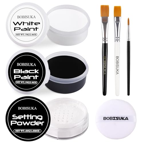 BOBISUKA Black & White Face Body Paint + Setting Powder + 3PCS Artist Brushes Face Painting Kit for Adult Large Capacity Professional Oil Based Cream Paints Palette For Halloween Clown Skeleton Vampir - color: SET 02
