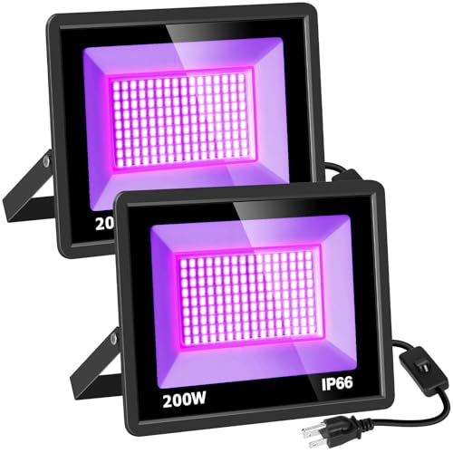2 Pack 200W LED Black Light, IP66 Waterproof Outdoor Blacklight Flood Light Spotlight with Plug, Switch, Cord for Neon Glow Party Fluorescent Poster Body Paint Stage Lighting Halloween Decor - size: 2x200W-new