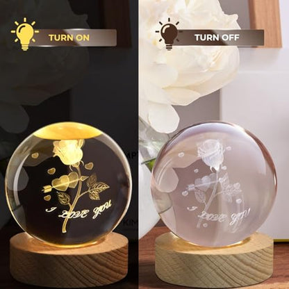 Flexzion 3D Rose Crystal Ball Night Light - LED Light Hologram Glass Lamp with Solid Wood Base, USB Powered Crystal Ball Lamp with Adjustable Brightness for Home Decor Display Gift, 2.4inch(60mm) | Rose Lamp with Solid Beech Wood Base and Adjustable Brigh