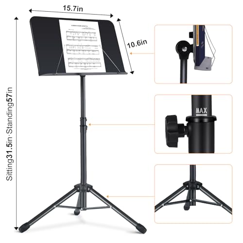 AODSK 5 in 1 Dual-Use Folding Sheet Music Stand & Desktop Book Stand, Adjustable Height Portable Music Stand with Carrying Bag, Sheet Music Clip & Book, for Home School Band, Black