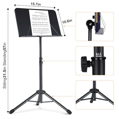 AODSK 5 in 1 Dual-Use Folding Sheet Music Stand & Desktop Book Stand, Adjustable Height Portable Music Stand with Carrying Bag, Sheet Music Clip & Book, for Home School Band, Black