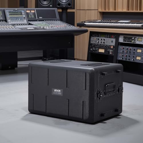 VEVOR 6U Rack Case, 12 in Depth, Rackmount Flight Case Shallow Rack with Microphone Compartment, Polyethylene Construction, Recessed Latches, Easy Installation, for Amplifier, 8.7 in Internal Depth - size: 6U- 8.7 in Internal Depth