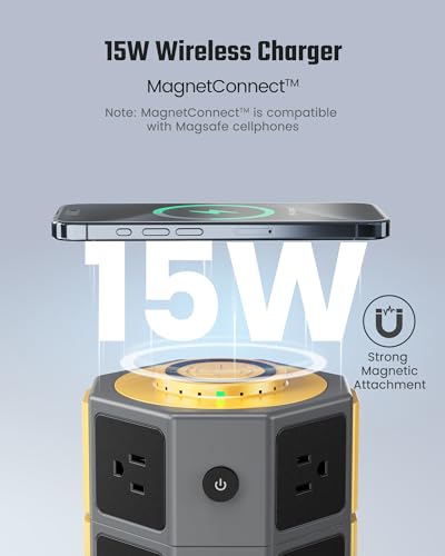 SUPERDANNY 8 AC 15W Wireless Charger Power Strip Tower, 13A, 1050J, Gold - color: Gold, size: 8AC+2USB-A+2USB-C | 6.5 ft | 15 W Wireless