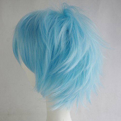 LABEAUTÉ Short Aqua Blue Anime Cosplay Wig Male Men Anime Layered Unisex Heat Resistant Hair Wig with Bangs for Party and Halloween for Gift + Free Cap - color: Aqua Blue