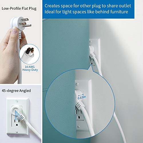NTONPOWER 7 Outlets Surge Protector Power Strip, Flat Plug, 15 A Circuit Breaker, 5ft Heavy Duty Cord Wall Mount Right Angle Plug for Home Theater Office, White, 1080 Joules - size: 5 ft
