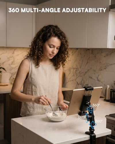 SH ipad Mount for Desk, Tablet Holder for Desk, Kitchen Tablet Holder iPad Mount, 360° Adjustable Aluminum Alloy Arm Stand for Work, Video Call, Bed, Compatible with 4.7"-13" iPad, iPhone, e-Reader - size: AC012-U-Shaped Clamp