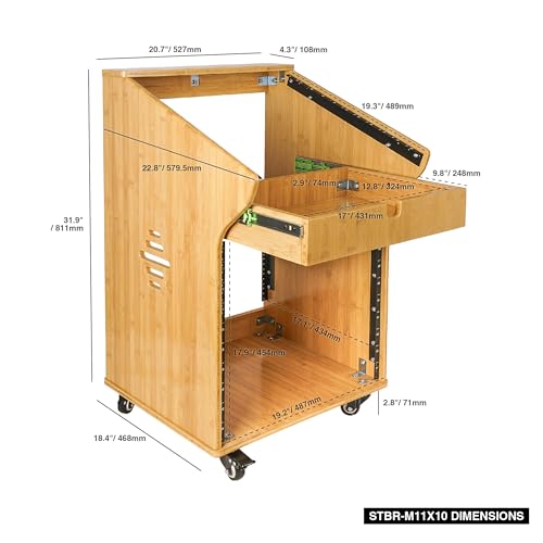 Sound Town DIY Solid Carbonized Bamboo Recording Studio Rack with 11U Slant Mixer Top, 10U Front, 2U Drawer, Rubber Feet, Casters, for Recording Room, PA/DJ Equipment, Home-Audio (STBR-M11X10) - size: 10U w/ Mixer Top, 2U Drawer