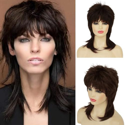 Brown Mullet Wig for Women Short Shaggy Layered 70s 80s Rocker Curly Hair Wig for Cosplay Halloween Party Daily Use - color: Brown