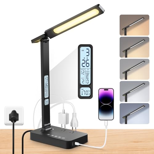 LED Desk Lamp with Power Strip: Table Lamp with Charging Station - 2 Outlets 1 USB-A Ports 1 Type-C Ports, Surge Protection and Led Display, 5ft Extension Cord, 5 Color Modes 5 Brightness - color: Black3