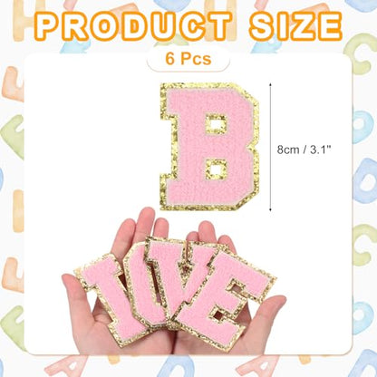 MECCANIXITY Chenille Letter Patches 3.1" Alphabet B Iron on Embroidered Patch Sew on Letter Stickers Applique for Repairing Clothing Jeans Shoes Hats DIY(Pink, Pack of 6) - style: Letter-B