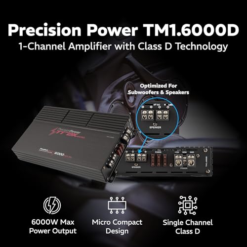 Precision Power Trax Micro Monoblock Class D Car Stereo Amplifier TM1.6000D – 6000W Single Channel Digital Subwoofer Amp with Wired Bass Control & High-Level Inputs for Powerful Audio - size: TM1.6000D