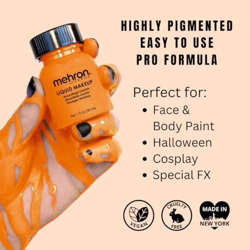 Mehron Makeup Liquid Makeup - ORANGE, Face & Body Paint | 1 Fl oz Water-Based Face Paint & Body Paint Perfect for Halloween & Cosplay. Air Brush Compatible. Vegan & Made in the USA. - color: Orange