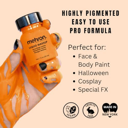 Mehron Makeup Liquid Makeup - ORANGE, Face & Body Paint | 1 Fl oz Water-Based Face Paint & Body Paint Perfect for Halloween & Cosplay. Air Brush Compatible. Vegan & Made in the USA. - color: Orange