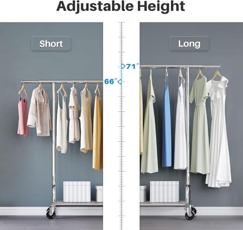 HOKEEPER Clothing Garment Rack Capacity 525LBS Collapsible Clothes Rack | Adjustable Clothing Racks on Wheels Rolling Clothes Rack for Hanging Clothes Heavy Duty Commercial Easy Assemble 75"W*71"H - color: Chrome, size: 22"D x 75"W x 71"H