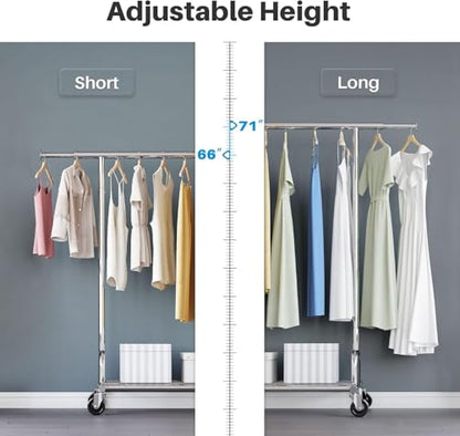 HOKEEPER Clothing Garment Rack Capacity 525LBS Collapsible Clothes Rack | Adjustable Clothing Racks on Wheels Rolling Clothes Rack for Hanging Clothes Heavy Duty Commercial Easy Assemble 75"W*71"H - color: Chrome, size: 22"D x 75"W x 71"H