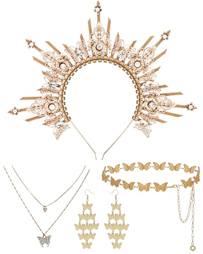 4 Pcs Goddess Costume Accessories Set, Golden Butterfly Crown Kit | Includes Necklace, Earrings and Waist Chain Accessories, Suitable for Halloween, Cosplay and Costume Parties