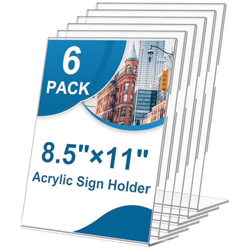 6 Pack Acrylic Sign Holder 8.5 x 11, L-Shape Clear Plastic Display Stand for Tabletop, Acrylic Stands for Flyers, Table Paper Holder, Vertical Sign Holder 8.5x11 for Restaurants, Office and School (Slant 6 Pack 8.5x11) - size: Slant 6 Pack 8.5x11