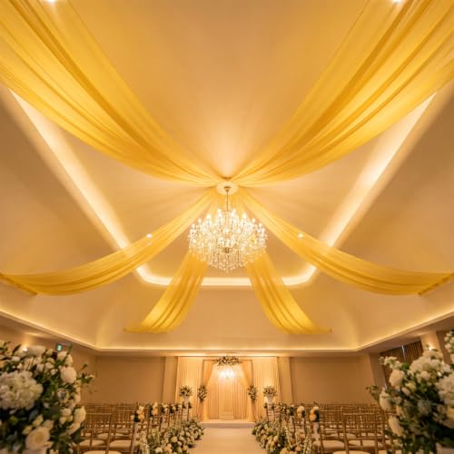 DUOBAO Gold Sheer Ceiling Drapes 20FT 6 Panels Chiffon Wedding Backdrop | Sheer Chiffon, Soft Draping Fabric, for Wedding Arch Tent Photography, 4-Inch Header, Rod Pocket, Reusable, Machine Washable - color: Gold, size: 60"W x 240"L (Pack of 6)