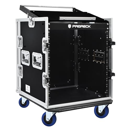 PRORECK 12U Rack/Road Case With Slant Mixer Top, And Casters, 20'' Rackable Depth, Plywood, 12U Installation Size, Pro Stage Performance - size: 12U/Casters
