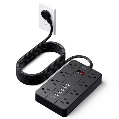 Power Strip, 15Ft Flat Plug Extension Cord with Multiple Outlets - color: Black, size: 15FT