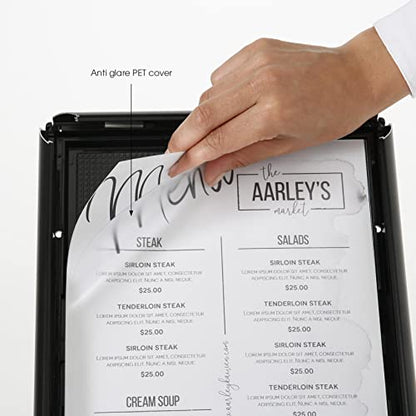 M&T Displays Simplistic Curved Menu Board Black Pedestal Sign Holder Floor Standing Aluminum Front Loading Easy Open Poster Advertisement Sign Holder for Restaurant Cafe Hotel (Black, 8.5x11 inch) - size: 8.5x11 inch