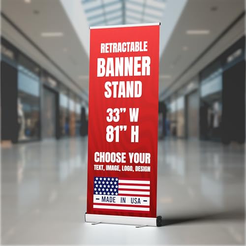 Custom vertical banner stand by Custom Boss retractable stand USA Made | Custom pop up banner stand 33x81 for trade show display, vendor booth display and grand opening banner, adjustable base - color: Retractable Banner