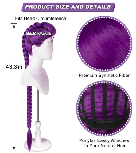 43.3 Inch Purple Braided Ponytail Wig for Adults, Anime Cosplay Extension | Long hot pink synthetic wig for adults, ideal for anime cosplay, Halloween, carnival, costume parties and dress-up - color: Deep Purple