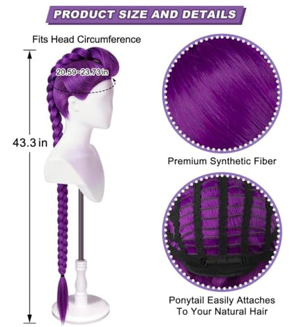 43.3 Inch Purple Braided Ponytail Wig for Adults, Anime Cosplay Extension | Long hot pink synthetic wig for adults, ideal for anime cosplay, Halloween, carnival, costume parties and dress-up - color: Deep Purple