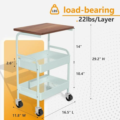 Rolling Cart with Wooden Tabletop, 3 Tier Metal Utility Cart, Rolling Storage Organizer Cart with Lockable Wheels for Kitchen, Office, Bedroom (Green) - color: Green