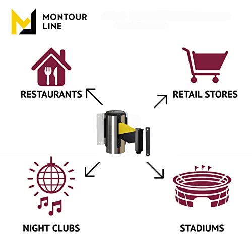 Montour Line WM115 Wall Mounted Retractable Belt Barrier with Standard Belt End, Fixed Mount, Polished Stainless Steel Casing (8.5 ft Green and White Diagonal Belt) - color: Green and White Diagonal, size: 8.5 ft