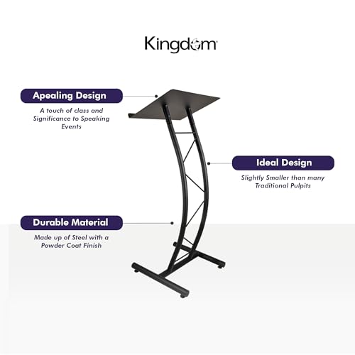 Kingdom KML8CB All Metal-Constructed Curved Lectern with “H” Style Base, Stand up Church Pulpit, Slanted Lectern, Conference Podium for Speakers, Speeches, Other Occasions, Powder Coat Finish Black - size: Design 02