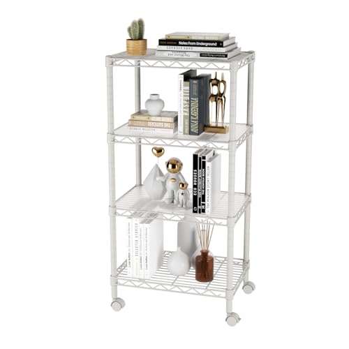 SINGAYE 4 Shelves Storage Shelf Wire Shelving Unit Metal Adjustable Wheels - color: White, size: 4Tier/11.5"D X 17.5"W X 45"H