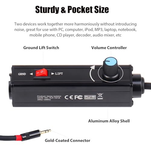 AUX to XLR Isolation Box, 3.5mm TRS to 3-Pin XLR Hum Eliminator with Volume Control, Built-in Audio Transformer & Ground Lift Switch, 3.3ft Cord, Removable Gold Coated AUX Plug