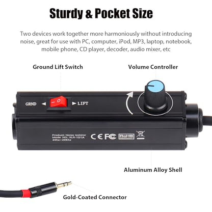 AUX to XLR Isolation Box, 3.5mm TRS to 3-Pin XLR Hum Eliminator with Volume Control, Built-in Audio Transformer & Ground Lift Switch, 3.3ft Cord, Removable Gold Coated AUX Plug
