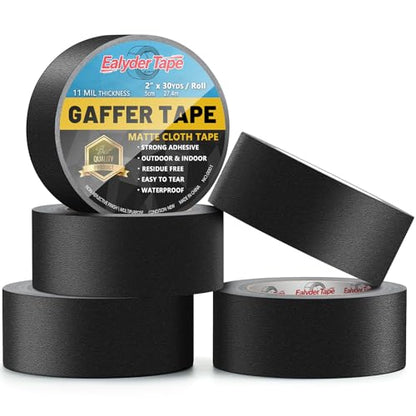 5 Pack Black Gaffers Tape 2" x 30Yd Heavy Duty Waterproof No Residue | Heavy duty gaffers tape for stage, cable management & repairs. Waterproof, non-reflective, easy tear by hand.