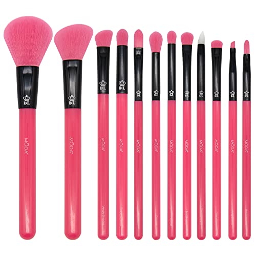 MODA Neon Pink Makeup Brush Set, 12pc Colorful Face & Eye Brushes, Vegan - color: Pink