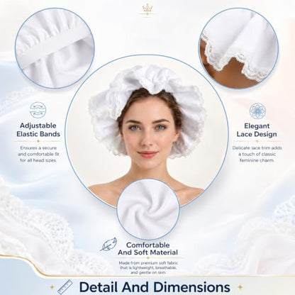 White Bonnet Mob Cap Accessory - Colonial Peasant Amish Hat, Grandma Night Bonnet Nightcap Prairie Cap Halloweens Costume Bonnets Maid Cosplay Costume Accessory for Maid Girls and Women