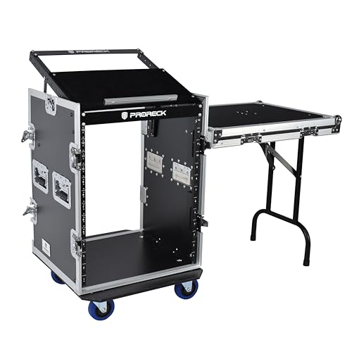 PRORECK 14U Rack/Road Case With Slant Mixer Top, One Side Table And Casters, 20'' Rackable Depth, Plywood, 14U Installation Size, Pro Stage Performance. - size: 14U/Side Table