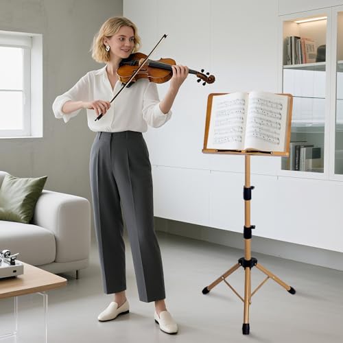 Portable Music Stand - Folding Music & Book Stand with Carrying Bag, Adjustable Height Wooden & Metal Foldable Podium Stand for Sheet Music, Reading, Bible, Laptop, Cookbooks, Projector