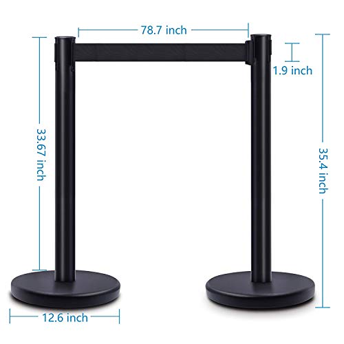 DuraSteel Crowd Control Barriers Line Dividers - Metal Stanchion Posts with 6.5ft Black Retractable Belt Ropes - for Store Queues, Airport Lines, Event Entries - 2 Set/Pack - color: Black Belt, style: Black Stanchion 2 Pieces Set