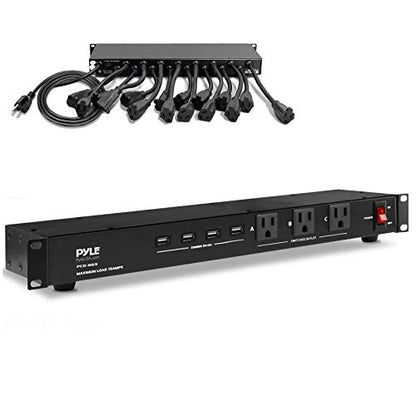 Pyle 19 Outlet 1U 19" Rackmount PDU Power Distribution Supply Center Conditioner Strip Unit Surge Protector 15 Amp Circuit Breaker 4 USB Multi Device Charge Ports 15FT Cord, Black - PCO865 | 15 Amp Circuit Breaker - 4 USB Ports - 15FT Cord - Power Supply