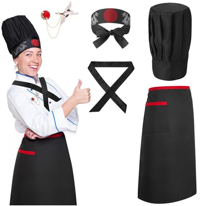 Hibachi Chef Hat and Apron Costume Set, Professional Complete Japanese Teppanyaki Costume with Tall Chef Hat - size: 70 x 70 cm, style: Adult