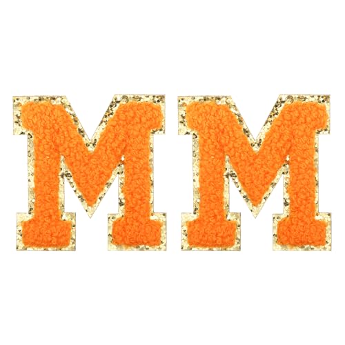 MECCANIXITY Chenille Letter Patches 2.2" Self Adhesive Alphabet M Stick on Embroidered Patch Sew on Letter Stickers Applique for Repairing Clothing Jeans Shoes Hats DIY(Orange, Pack of 2) - style: Letter-M