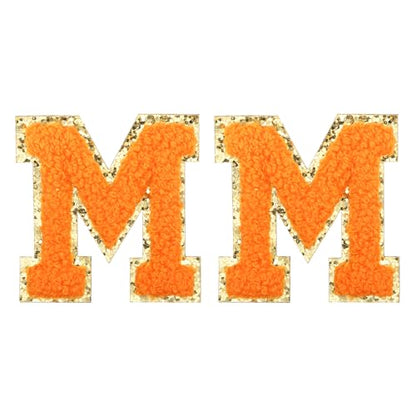 MECCANIXITY Chenille Letter Patches 2.2" Self Adhesive Alphabet M Stick on Embroidered Patch Sew on Letter Stickers Applique for Repairing Clothing Jeans Shoes Hats DIY(Orange, Pack of 2) - style: Letter-M