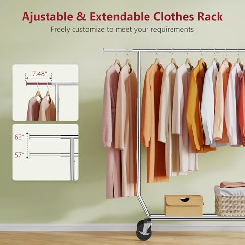 Tajsoon Clothing Rack Collapsible, Garment Clothes Rack Heavy Duty, Chrome | Foldable Garment Rack with Wheels & Extendable Rod, 250LBS Rolling Rack with Shelf for Bedroom, Laundry Room, Clothes Store - style: Single Rod Commercial